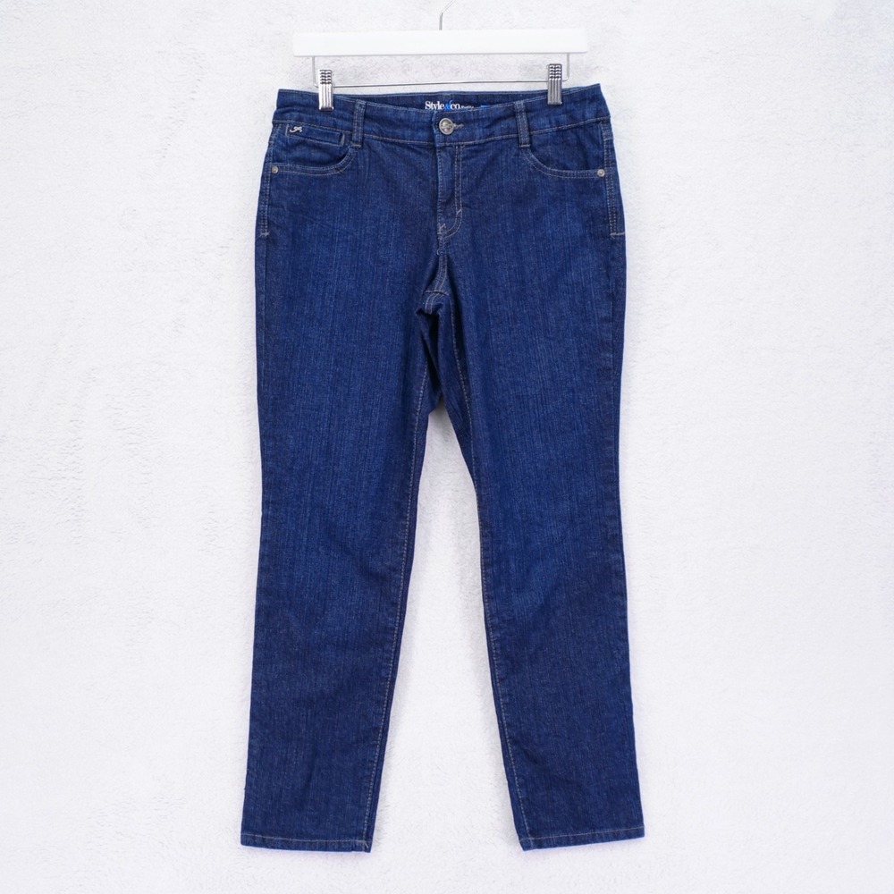 Style & Co Petite Slim Leg Blue Denim Jeans -8P- Mid Rise 31 / 28 Rhinestone Emb